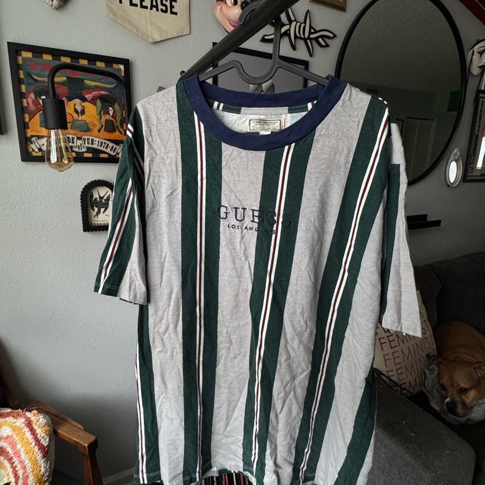 GUESS Men's Striped Gray and Green Shirt